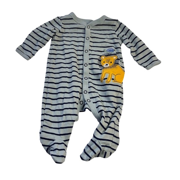 Carter's Other - Baby 3M Blue‎ Striped Lion Turtle Snap Up Footed Sleeper Embroidered Romper Baby